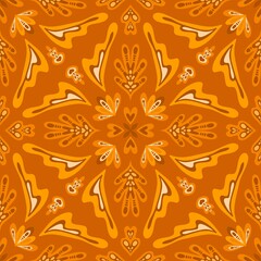 Seamless ornamental floral pattern in bright orange and yellow on an orange background. Retro motif perfect for textile, fabric print, wallpaper, wrapping paper, scrapbooking, backdrop, digital design