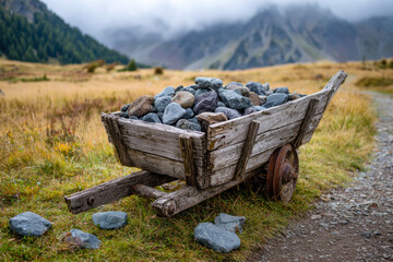 Rustic wooden cart filled with various stones standing on a grassy path surrounded by misty mountains and a serene autumn landscape background
