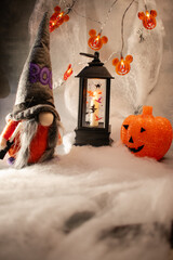 Halloween gnome with a long gray beard and “BOO” hat sits beside a bright orange jack-o’-lantern on faux cobwebs. Neutral gray background highlights the festive red, black, and orange colors.