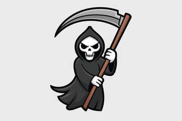 Cartoon grim reaper holding a scythe with a skull face