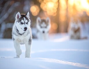Husky puppies in snowy winter landscape