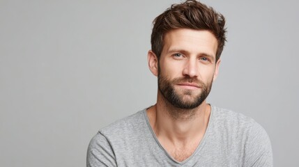 Fototapeta premium Confident young man with casual gray sweater and well-groomed beard facing camera.