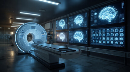A futuristic MRI scanner visualization with blue glowing lights, symbolizing advanced medical imaging, innovation, and next-generation healthcare technology.