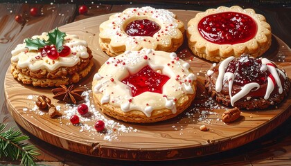 Festive Christmas cookies arranged on a wooden board