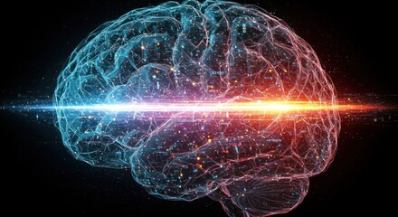 Human brain illustration with glowing light effect on a dark background.