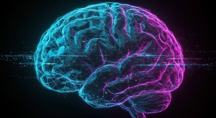 Obraz premium Digital illustration of a brain with blue and pink lighting on a dark background.