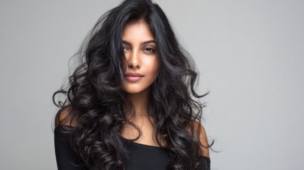 Fototapeta premium Portrait of a Young Woman with Long Wavy Black Hair and Natural Makeup.