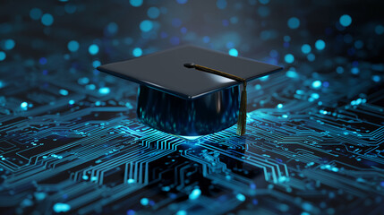 graduation cap on digital circuit background. Modern tech concept of education achievement degree.