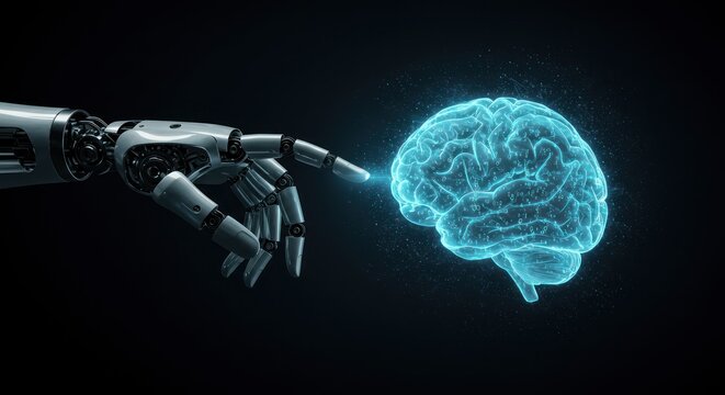 Robot hand reaches for glowing brain on a dark background.