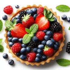 Obraz premium The fruit tart is a perfect treat for those with a sweet tooth, featuring vibrant berries and mint leaves
