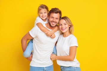 Fototapeta premium Happy loving family of three smiling together against bright yellow background.