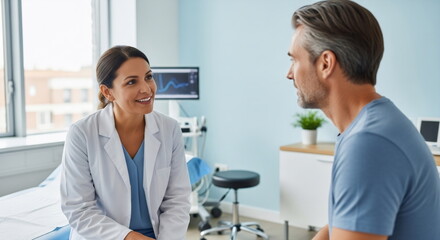 A female doctor in a white coat and blue scrubs, talking to a male patient in a blue t-shirt in a medical office