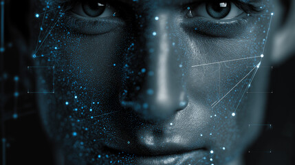 A futuristic face scan using AI recognition with blue light scanning facial features, symbolizing security, identity, and smart technology.