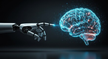 Robotic hand touches a glowing brain against a dark background.