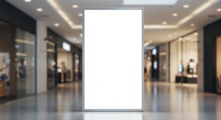 Large blank illuminated vertical billboard advertising sign standing prominently in a modern shopping mall interior for display