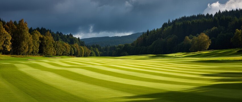 The sun rises over a manicured golf course, casting a serene atmosphere across the vibrant green grass and beautiful tree lines, all captured in a wide angle view of the landscape