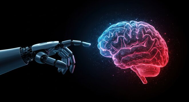 Robotic hand reaches toward a brain with red and blue lighting on black.