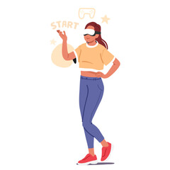 Inspired female teenager cartoon child character wearing VR glasses headset playing simulation