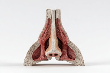A realistic nose cross section is illustrated in detail, revealing the internal structure of the nasal cavity with its skin, cartilage, and bone components