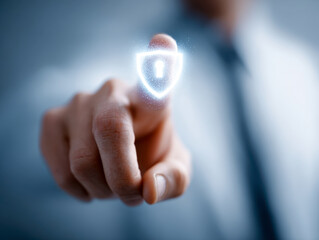 Businessperson activating a digital security shield icon with a glowing lock symbol, representing cybersecurity and data protection concepts in technology