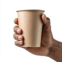 The hand holds a warm beverage container, which is a disposable coffee cup with a white lid and a textured brown paper cup, all wrapped in a cozy sweater for a hot drink