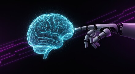 Robot hand touches glowing brain on dark background with purple light streaks.