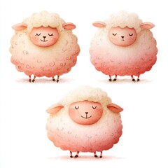 A soft and serene watercolor painting features cute sheep with fluffy wool and pink-hued cheeks, conveying a gentle expression