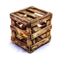 The natural texture and rustic charm of a wooden crate are beautifully captured in a watercolor painting that highlights its detailed grain and knots in soft brown tones, creating a warm and organic