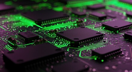 Obraz premium Close up of a circuit board with chips and green light highlighting connections.