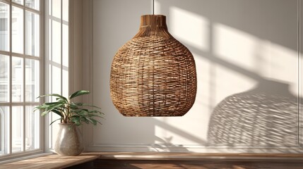 The wall is adorned with geometric shadows cast by a rattan pendant lamp