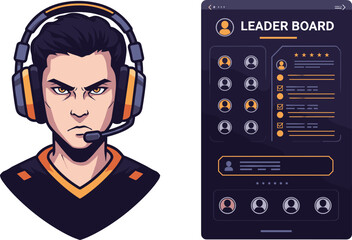 Gamer character illustration, online leaderboard interface, competitive gaming setup, esports profile, digital ranking system, headset avatar, gaming achievement display