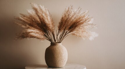 On a marble surface, a white ceramic vase contains dried pampas grass