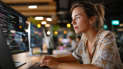 Caucasian software engineer typing code on a multi-screen setup in a sleek coworking office, female coder startup, SaaS platform tech, modern office programming, multi-monitor deve