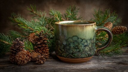 The wooden table holds an artisan pottery mug featuring a matte glaze, creating a cozy hygge atmosphere