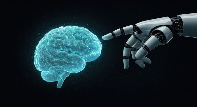 Robot hand touching glowing brain on dark background artificial intelligence concept.