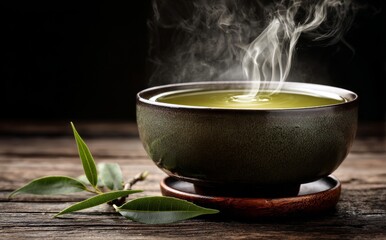 A serene morning mindfulness routine can be achieved by sipping steaming green tea from a ceramic bowl filled with fresh leaves, perfect for relaxation and calm matcha enjoyment