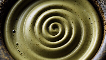 Matcha green tea powder, when swirled in close-up view, inspires a morning mindfulness routine that embodies calm and natural energy, ideal for beginning the day refreshed