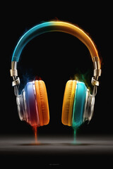Colorful headphones glowing with neon light effects on dark background
