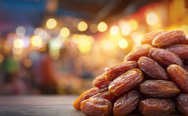Piled high and ready for agricultural export, the dried date fruit boasts a processed texture, its natural brown color shining in a warm outdoor setting where it is illuminated by soft background