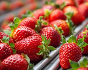 Vibrant red strawberries with green leaves, exemplifying natural freshness and quality, are being processed on a conveyor belt at an agricultural facility in preparation for export