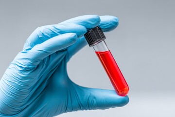 In a healthcare environment, gloved hands hold a test tube with a blood sample, awaiting medical laboratory analysis and diagnosis