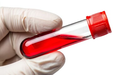 Gloved hands grasp a medical test tube filled with a blood sample, ready for analysis and diagnosis within a healthcare environment