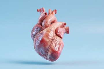 A vivid medical illustration displays the human heart's anatomy, complete with detailed representations of veins and arteries, all rendered in vibrant red and blue to emphasize the organ's inner