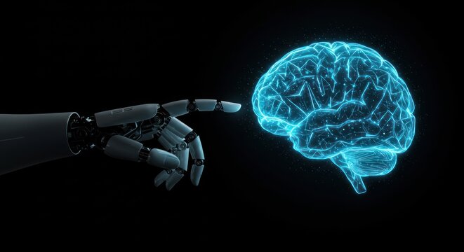 Robotic hand touches a glowing blue brain on a dark background.
