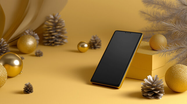 New Year composition with a mobile phone on a light beige background, surrounded by beige balls and elegant beige decorations.