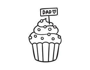 Cupcake with tag papa and small heart, hand drawn, line art, monochrome, hand drawn
