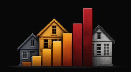 Real estate growth chart with stylized houses showing rising property value
