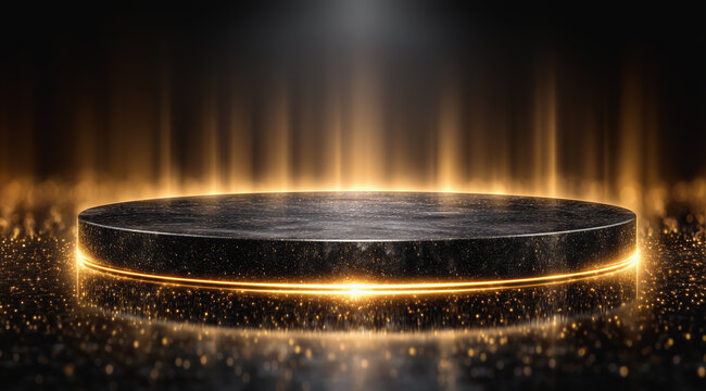 Empty black and gold pedestal under dramatic spotlight for luxury display
