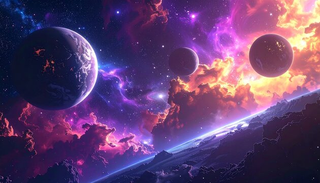 Cosmic landscape with vibrant planets - Powered by Adobe