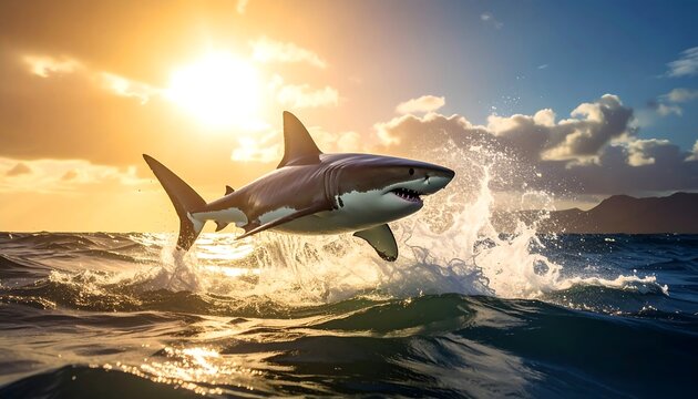 Majestic predator leaps from ocean waves at sunset